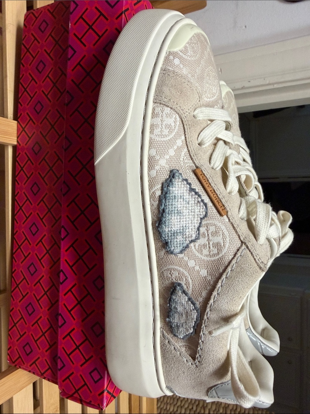 Tory Burch Neutral Canvas & Suede Logo Platform Sneaker